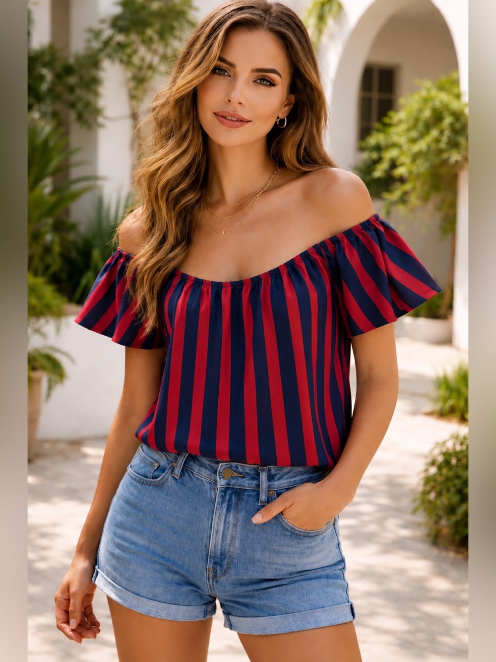 NWT Hayden LA Red Navy Striped Off Shoulder Boho Blouse Top- A7